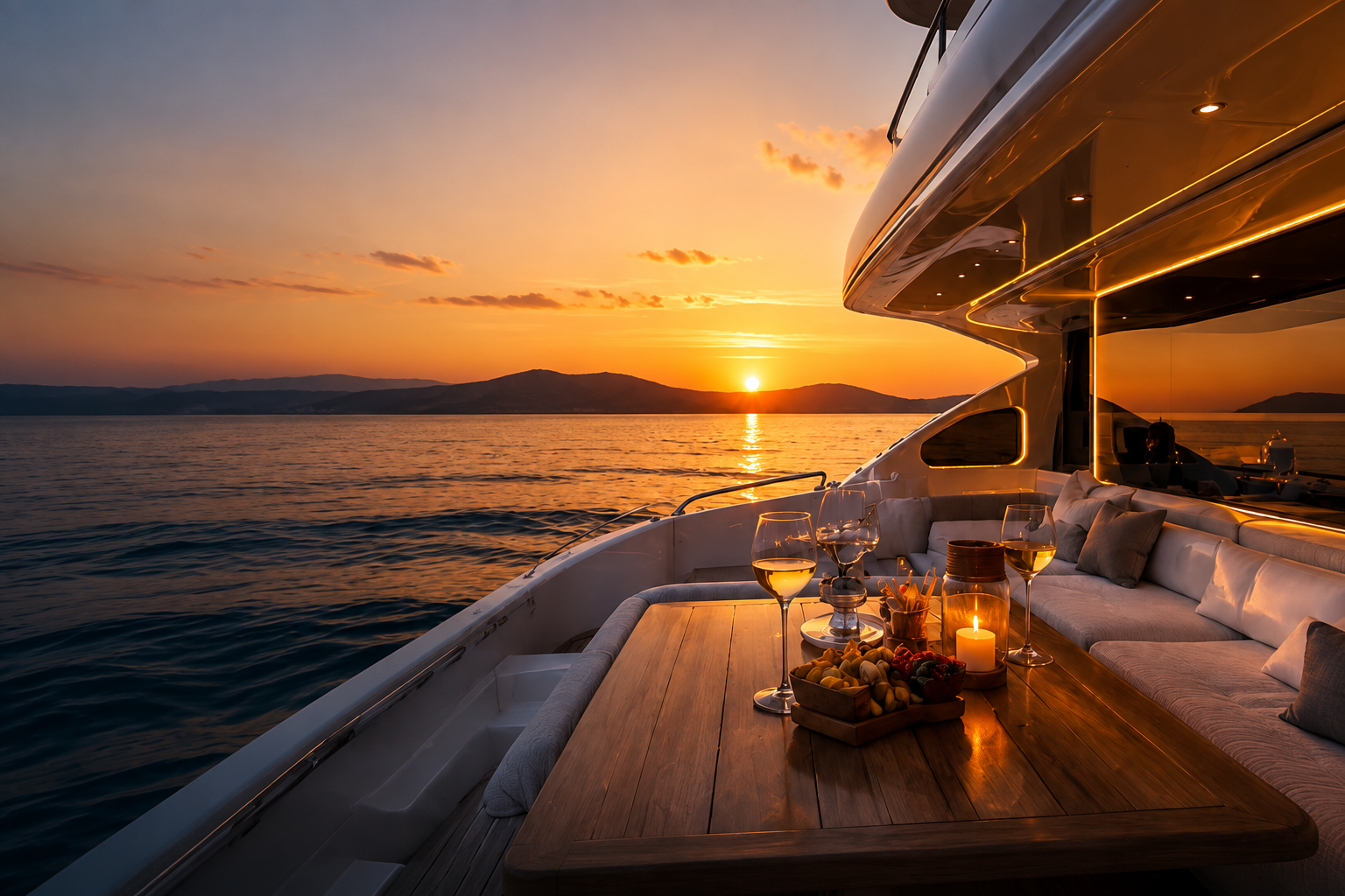 Luxury yacht cruising at sunset in Halkidiki